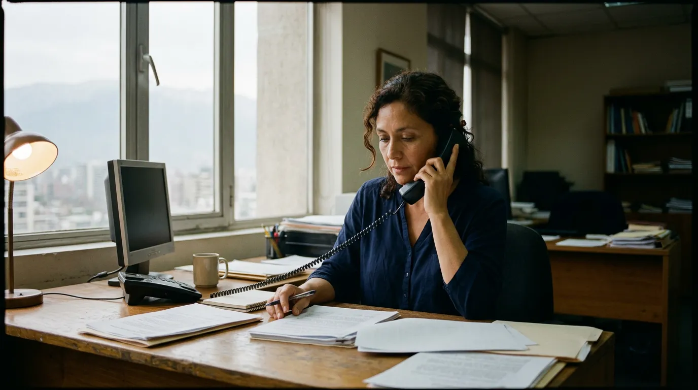 A named person in Santiago on a commercial call with papers on the desk.