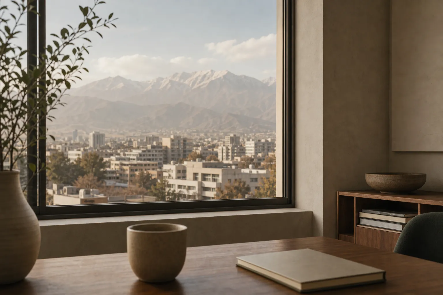 A Santiago office window looking out toward the Andes.
