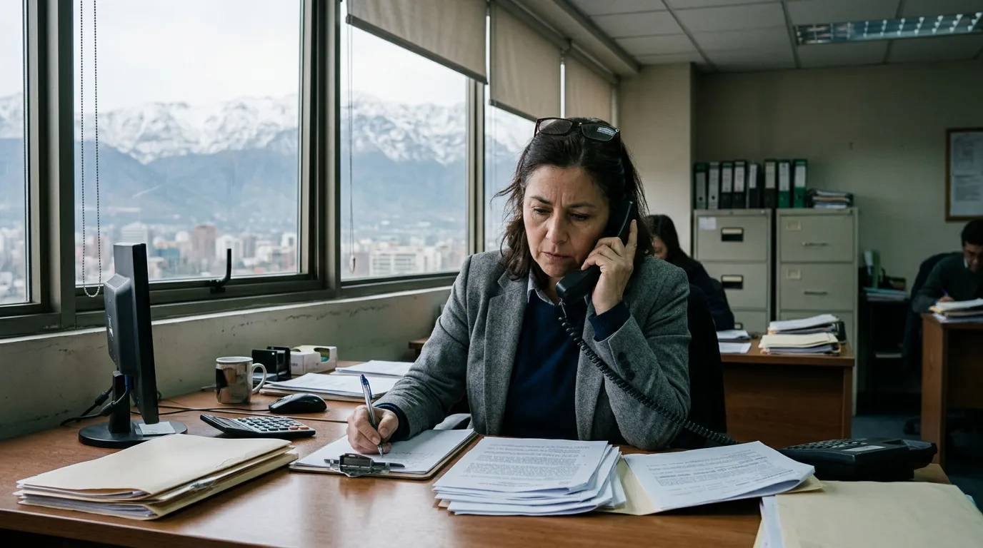 A professional in Santiago following up on an unpaid file by phone.