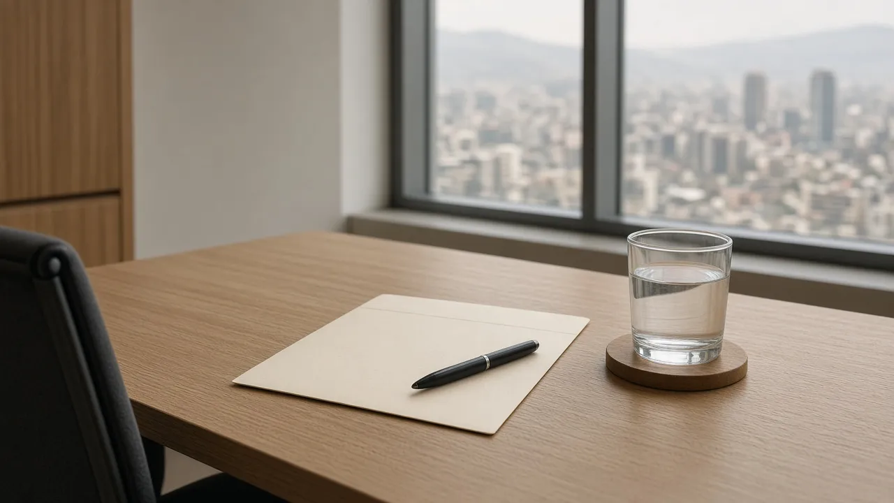 A closed folder, a pen and a glass of water on a pale oak desk.