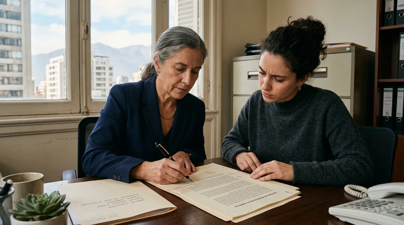 Two people reviewing a commercial contract in a Santiago office.