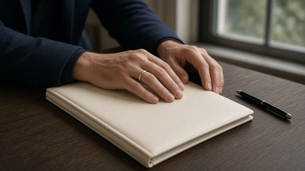 Hands closing a cream document folder on a desk.