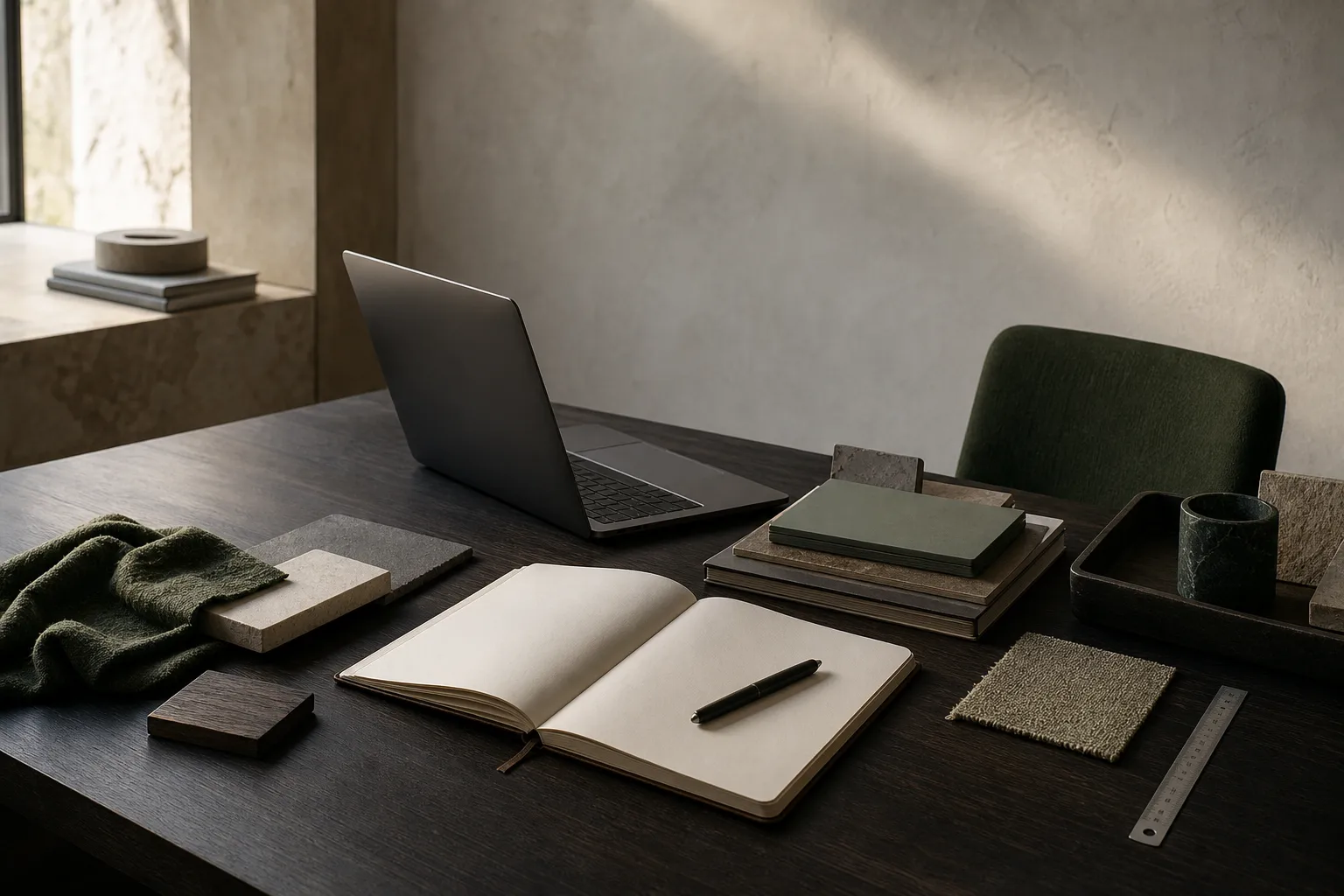 A quiet workspace prepared for material and commercial research.
