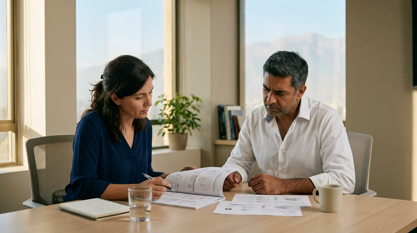 A Chilean buyer and an Indian counterpart reviewing a product specification in a Santiago office.