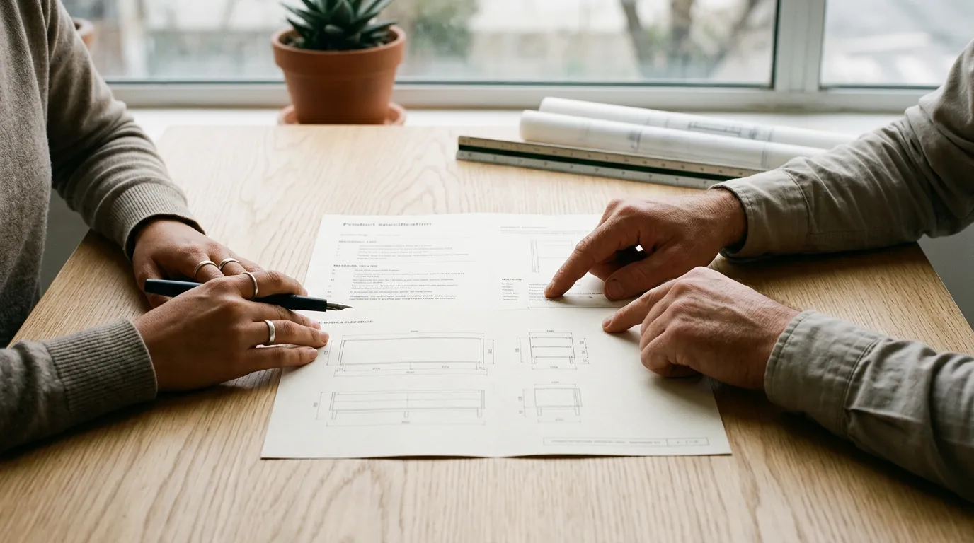Two people working a printed product specification on a table.