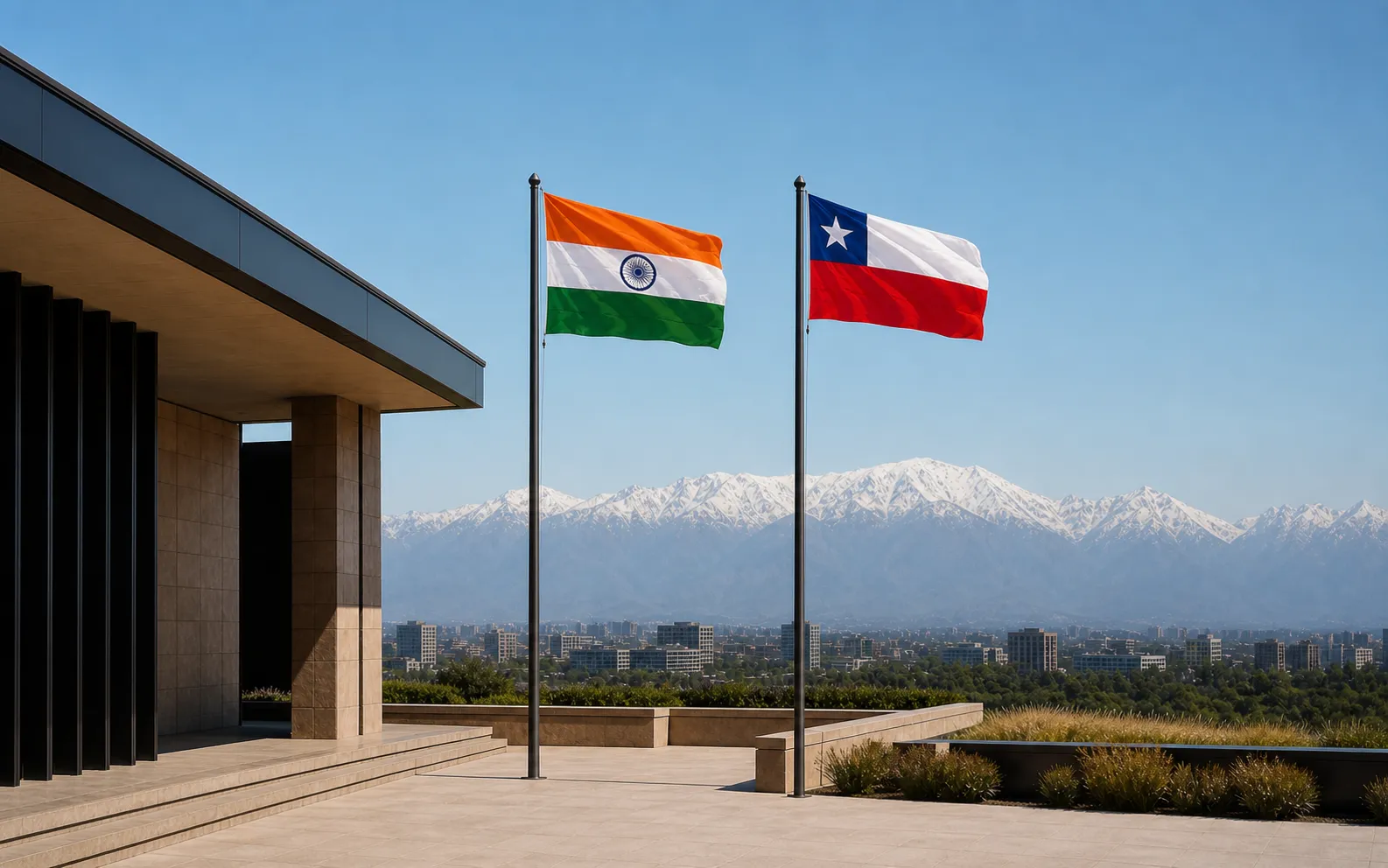 Indian and Chilean flags on a terrace above Santiago, with the Andes behind.