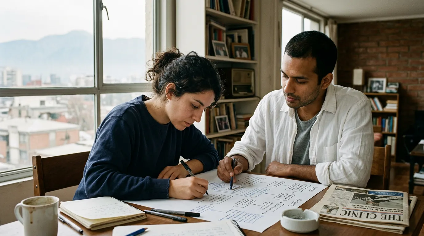 Two people mapping a commercial sequence on paper, with Santiago and the Andes in the window.