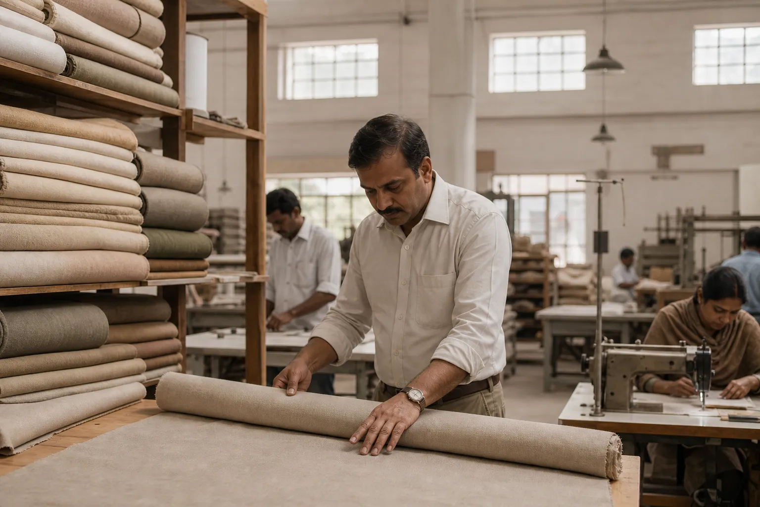A supervisor checking fabric rolls on an Indian production floor.