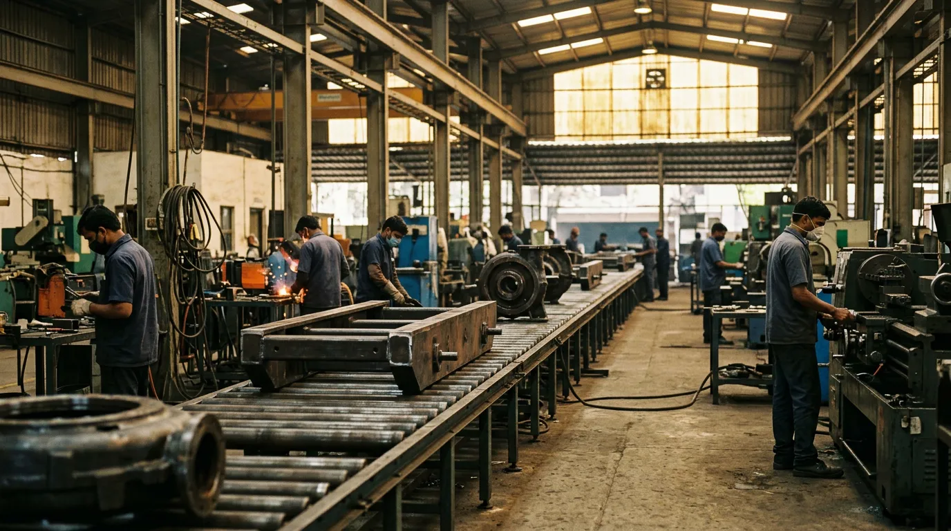 Workers on an Indian manufacturing plant floor assembling industrial components.