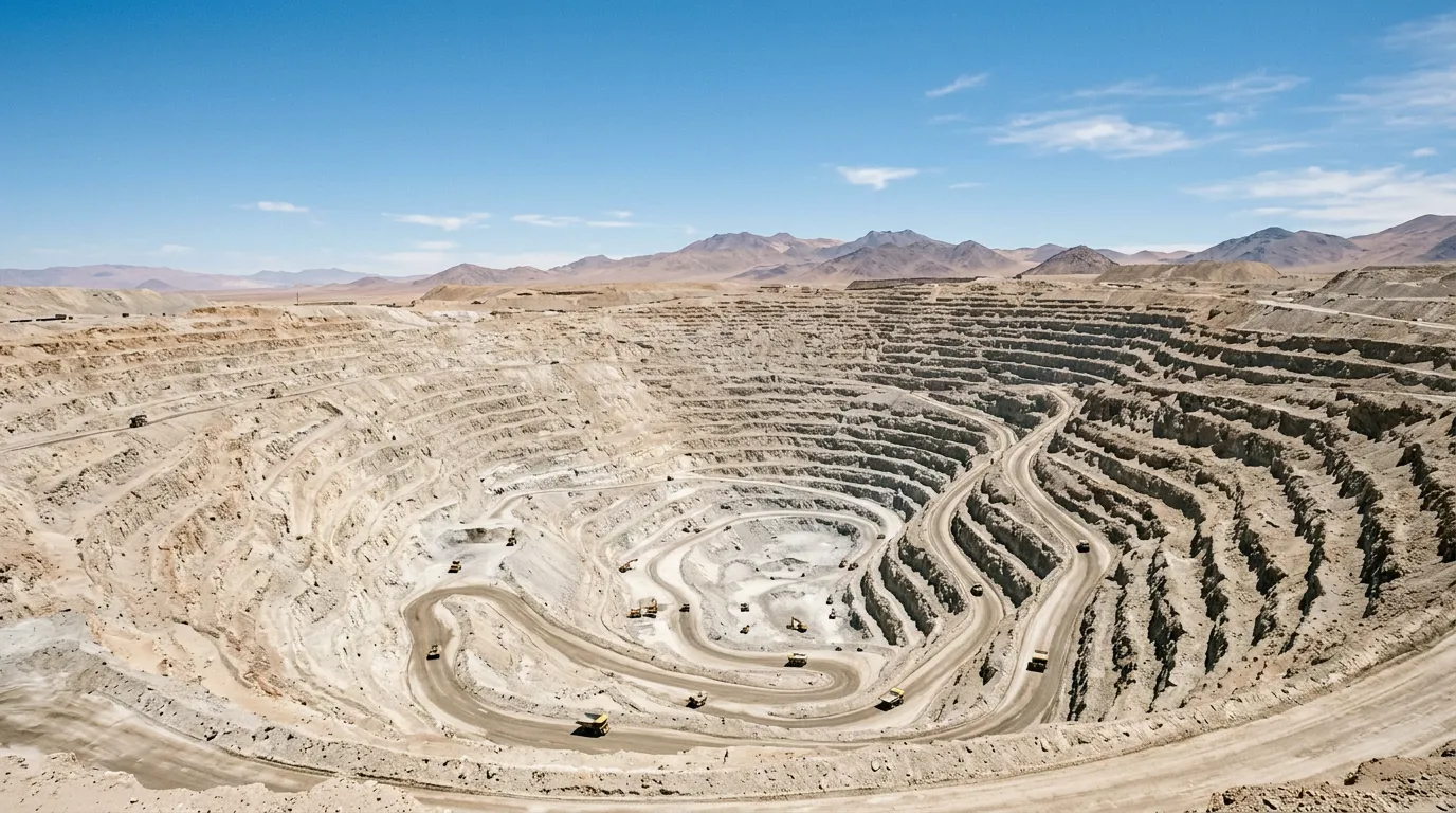 Open-pit copper mine in Chile, terraced walls and haul trucks on the pit floor.