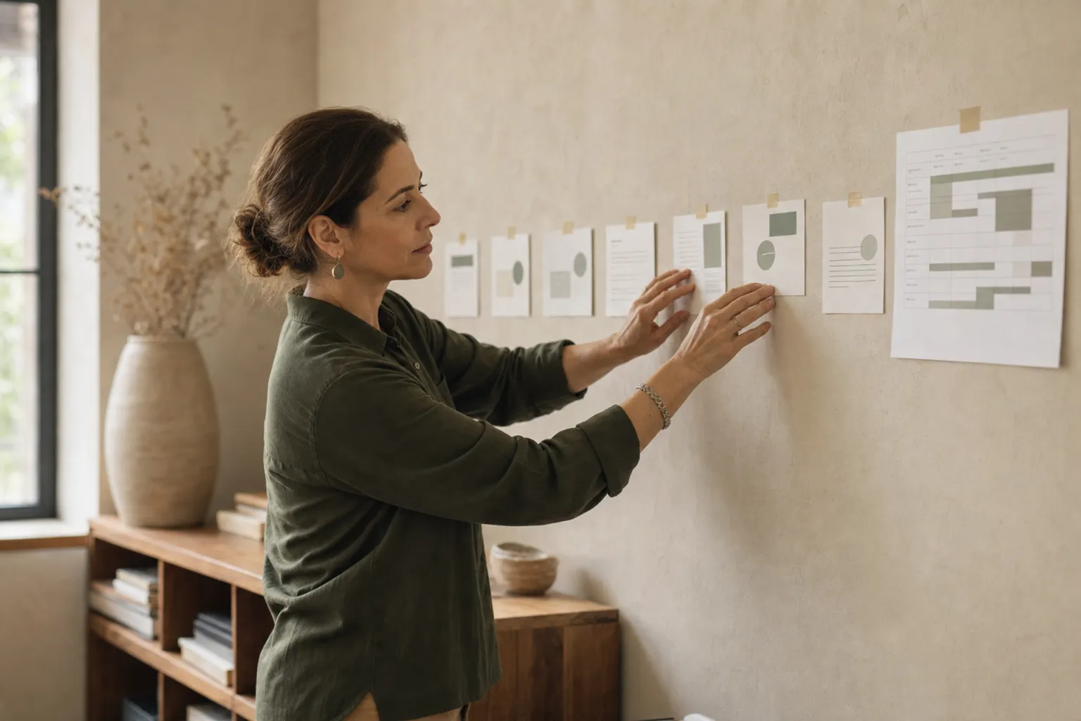 Una consultora ordenando en una pared las etapas de un plan de trabajo.