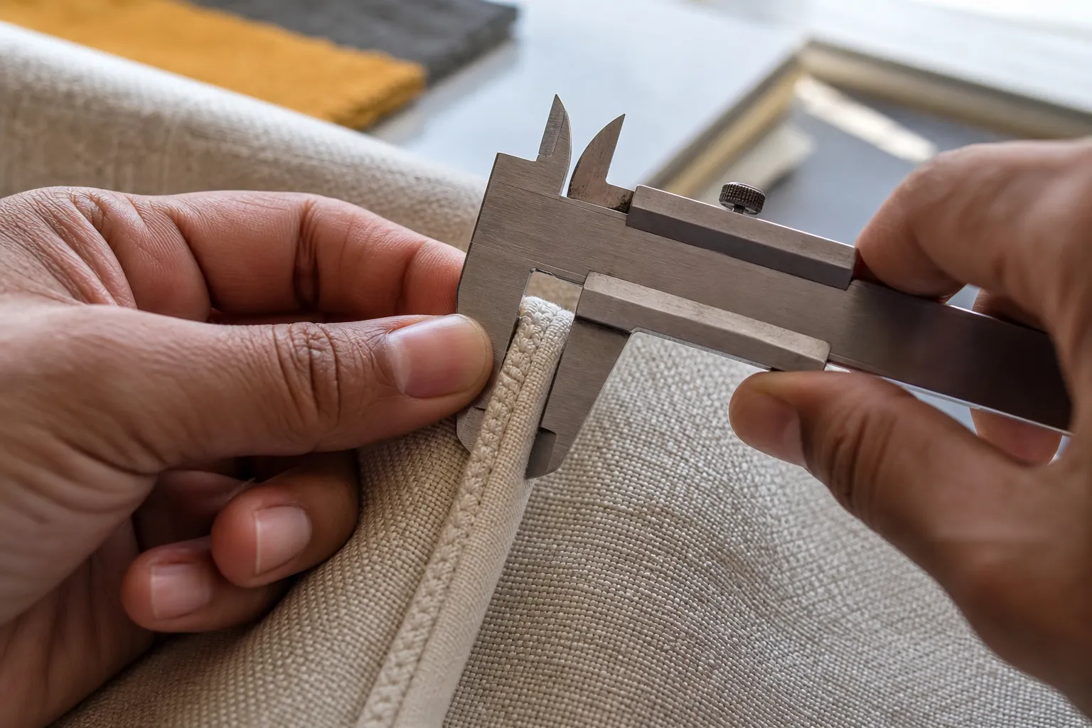 A fabric seam being checked with a precision measuring tool.