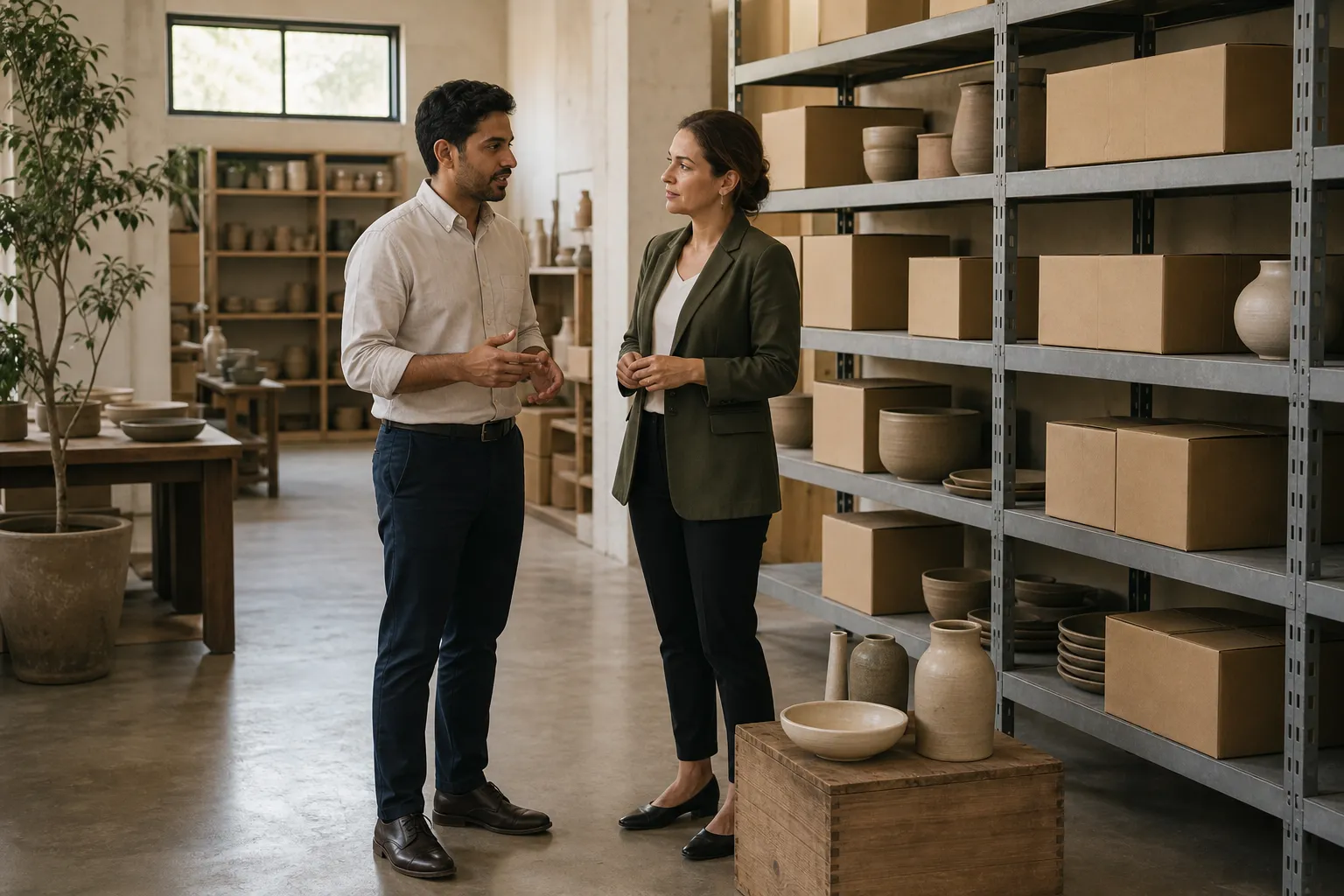 A supplier representative meeting a distributor in their showroom warehouse.