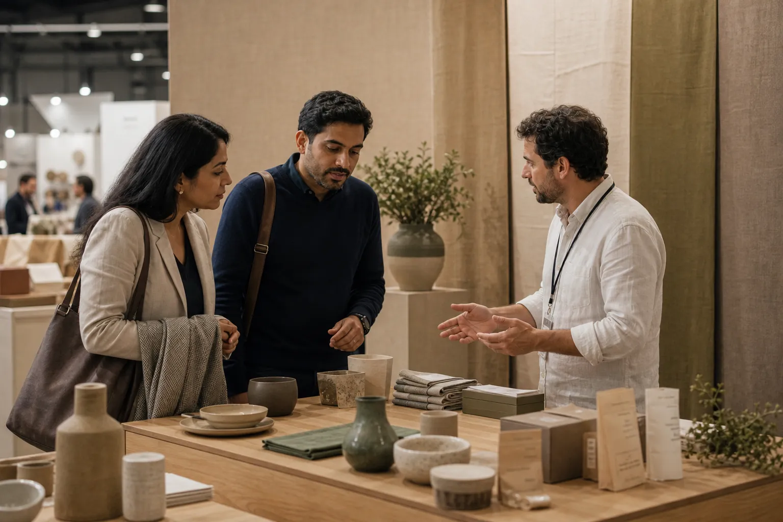A host presenting product samples to buyers at a trade-fair stand.