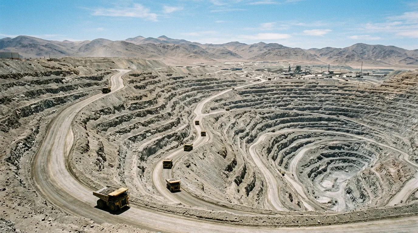 Open-pit copper mine in northern Chile, haul trucks on a switchback.