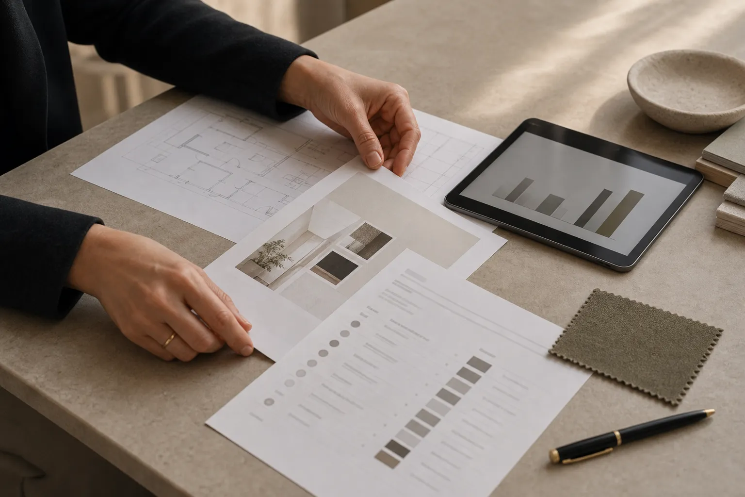 A supplier shortlist, specifications and material samples laid out on a desk.
