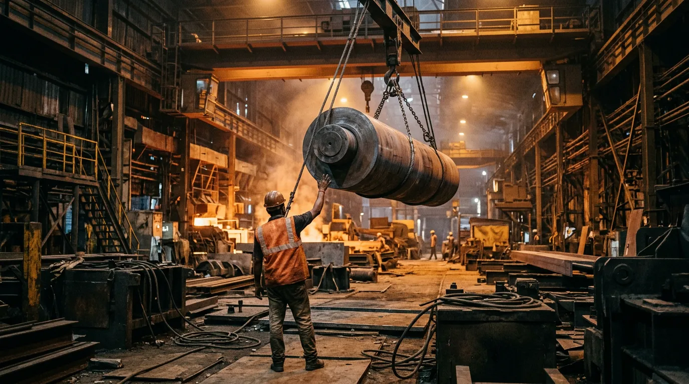 A worker directing a steel mill lift in an Indian plant.