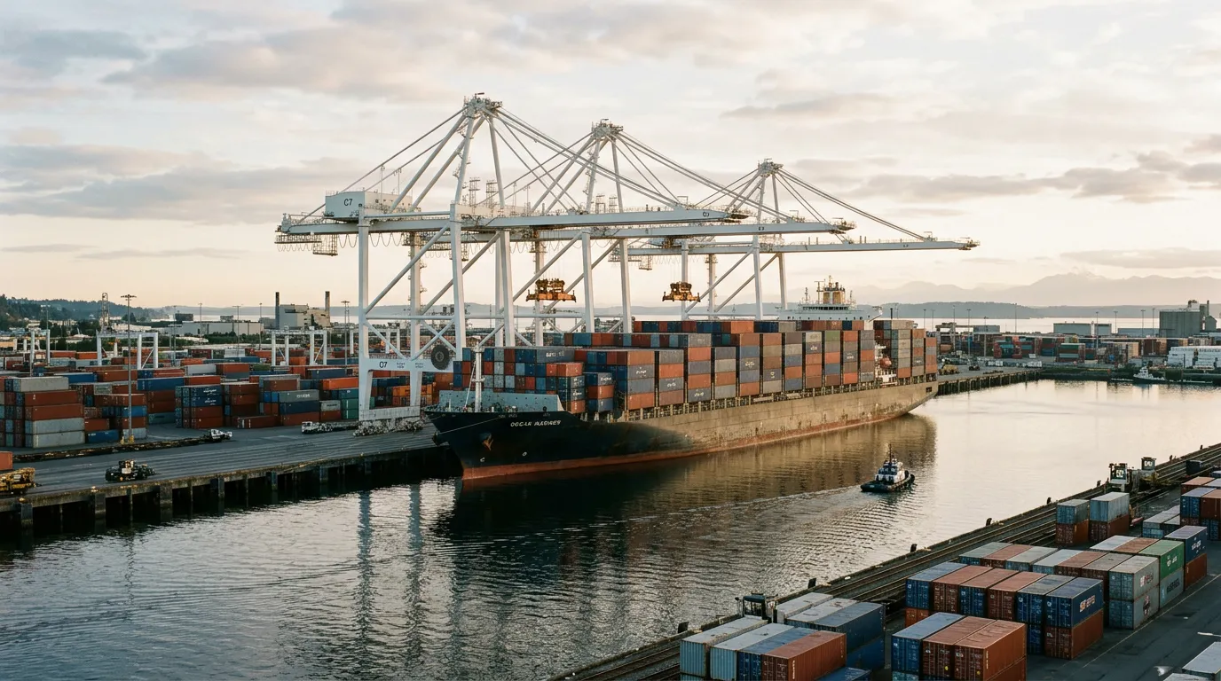 A container ship at berth under gantry cranes.