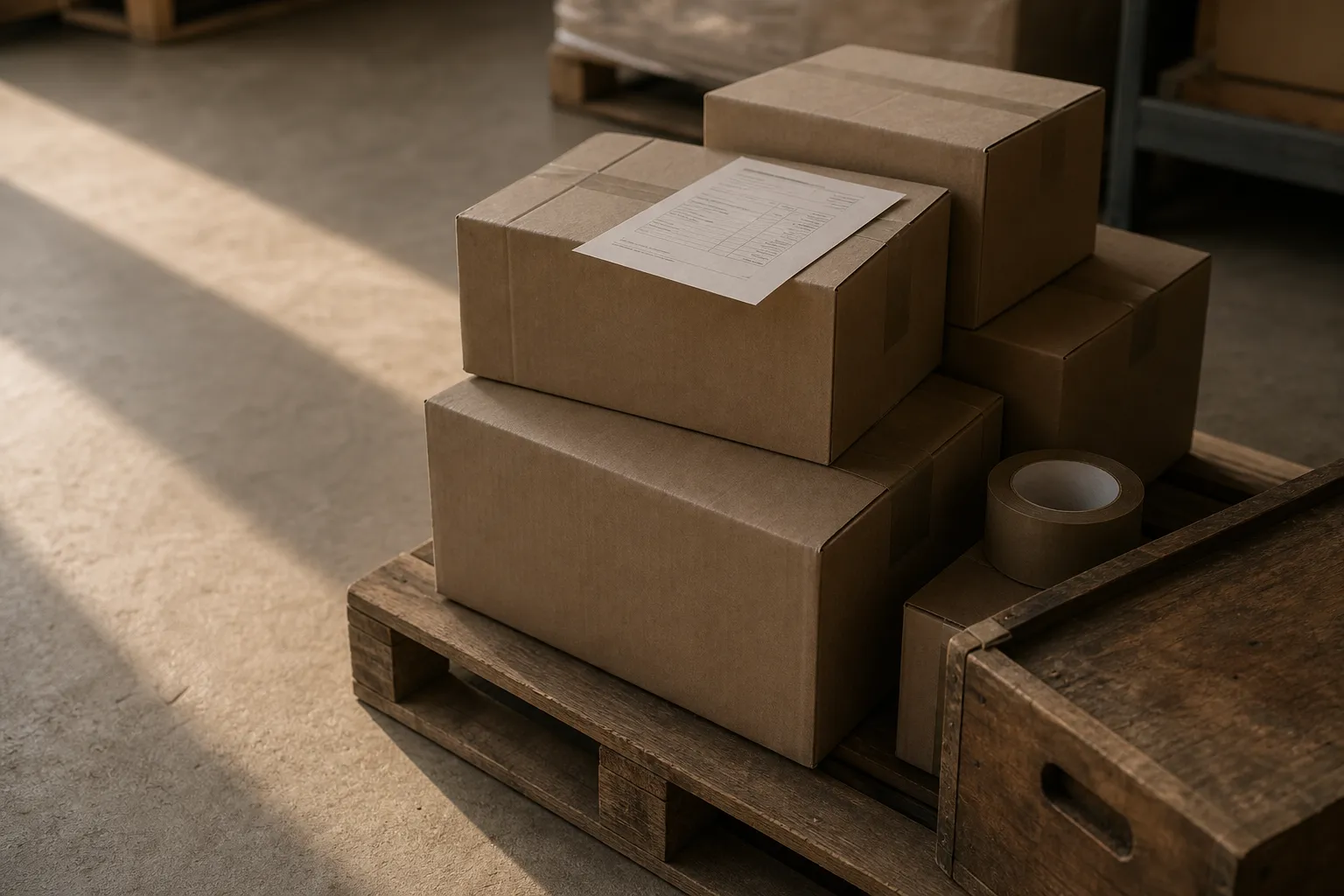 Cartons staged on a pallet with a packing list ready for export.