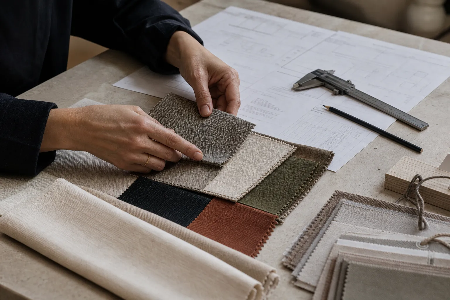 Hands comparing textile samples with technical documents.