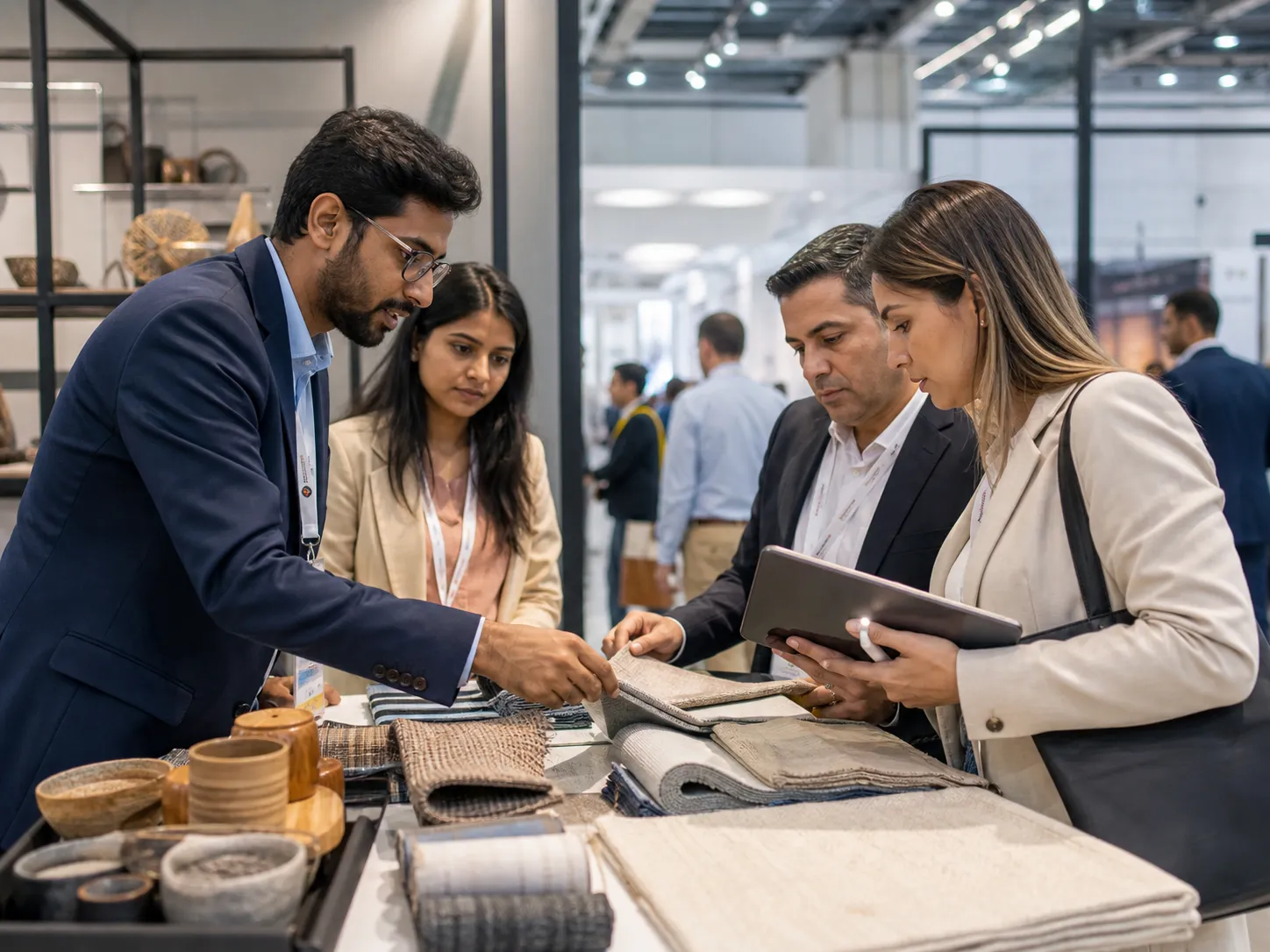 Indian suppliers and Latin American delegates comparing product samples during a multi-sector trade fair meeting.