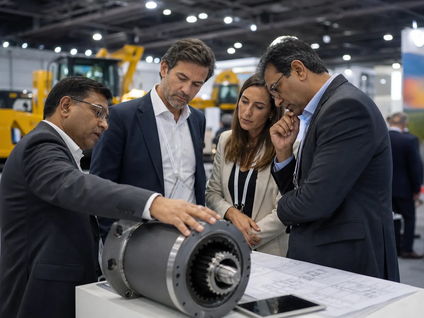 Indian and Latin American executives reviewing an industrial component and technical drawings at a mining machinery exhibition.