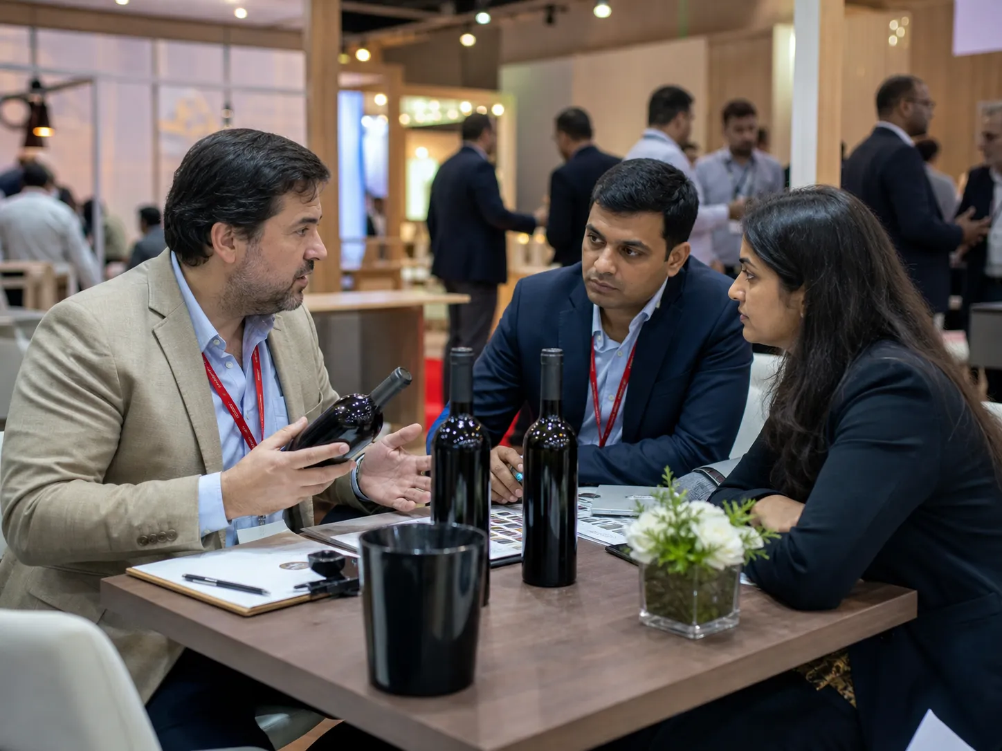 A Latin American producer in a business meeting with Indian beverage-sector buyers at a trade exhibition.