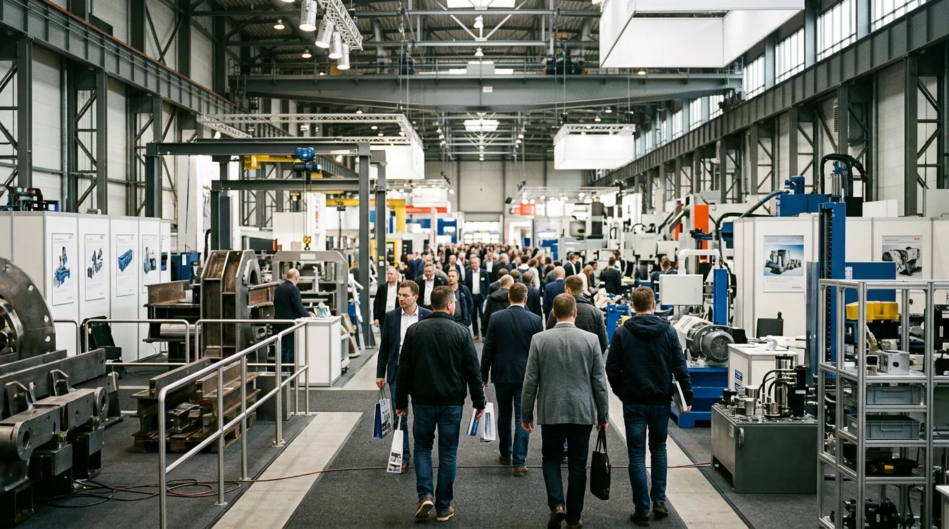Delegates walking an industrial trade-fair hall among machinery booths.