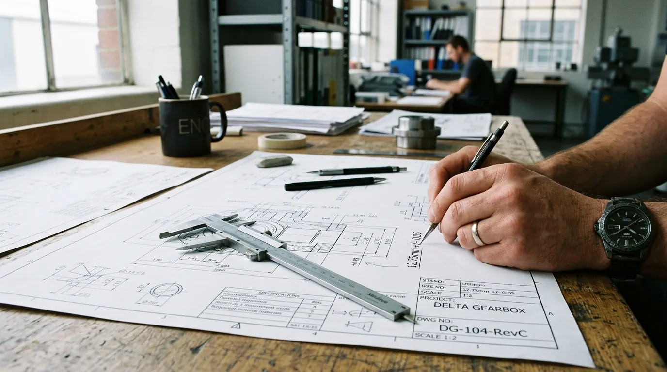 Technical drawings and a caliper on a factory work table.
