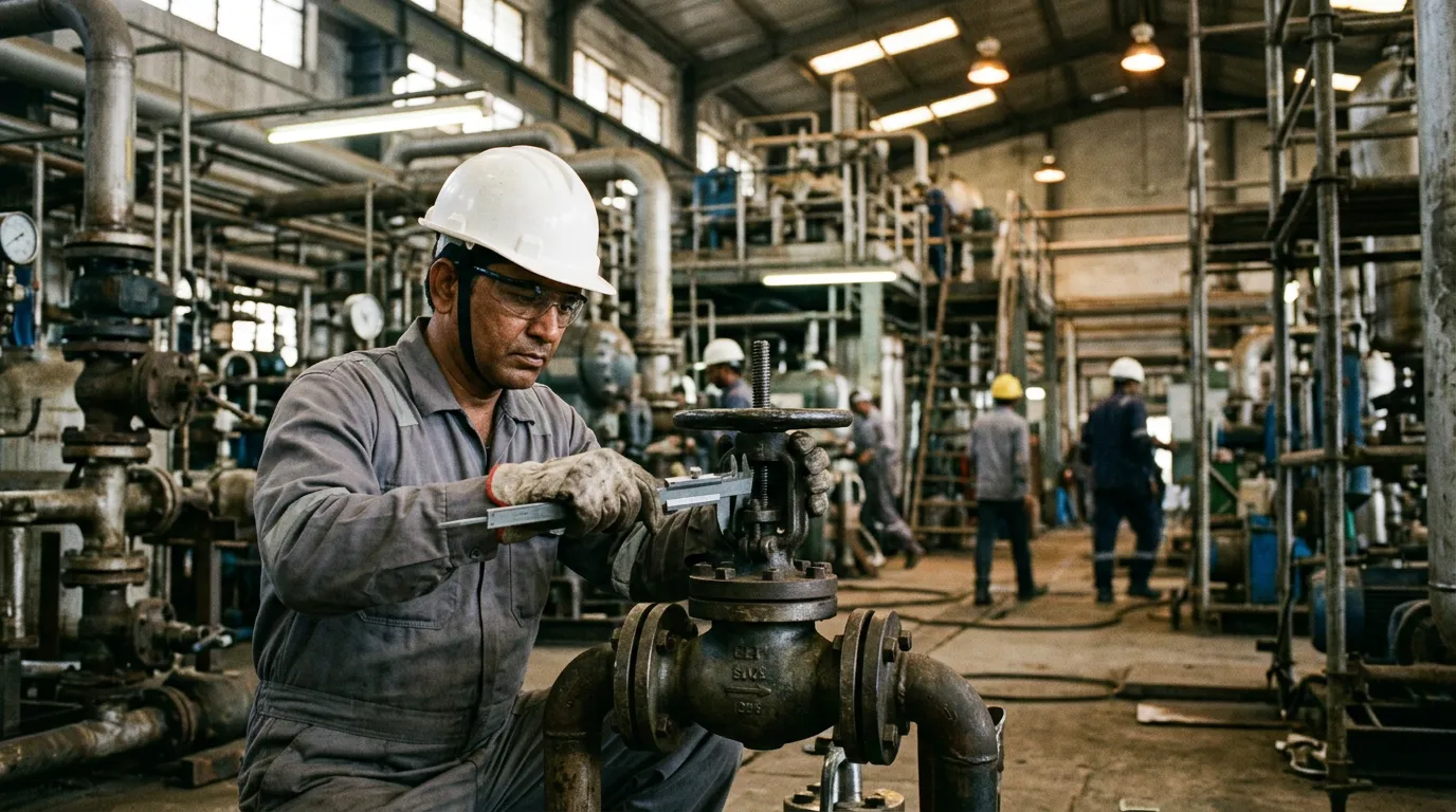 An inspector checking a steel valve with a caliper on an Indian factory floor.